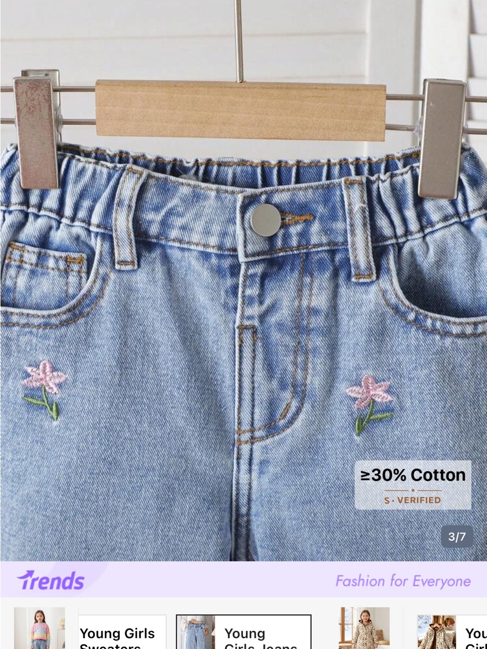 SHEIN Light Blue Wide-Leg Kids' Jeans with Pink Floral Embroidery - Picture 3 of 5